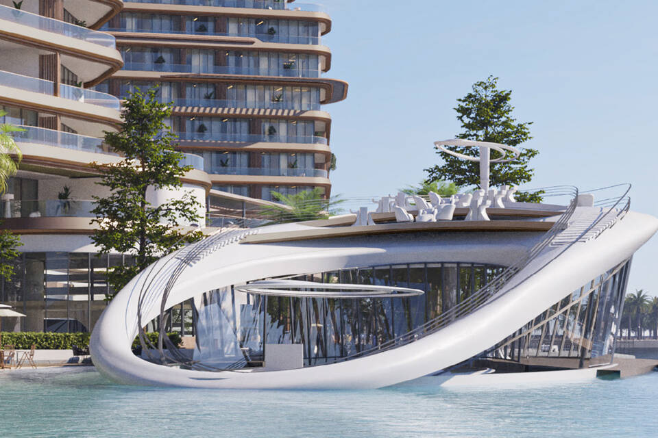 Yacht-style beach club and aquatic infrastructure